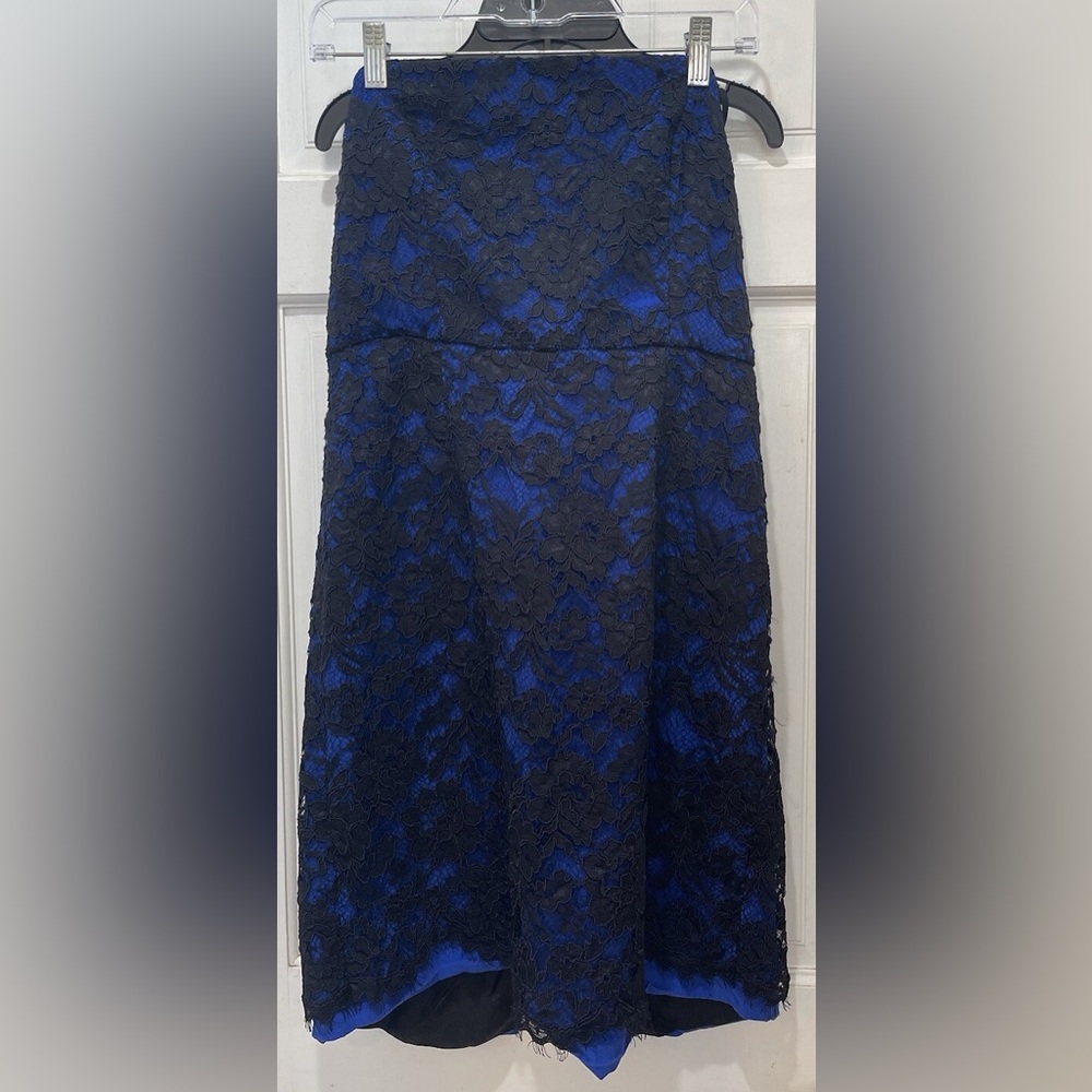 Tibi New York Blue With Black Floral Lace Strapless Dress Size 12